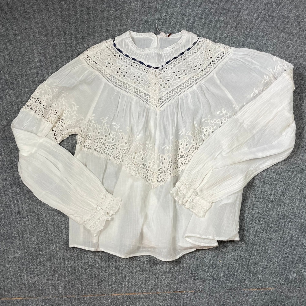 Free People Blouse Medium White Lace Cotton Gauze Boho Top High Neck Modest